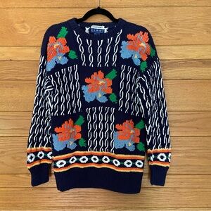 Vintage 90s hand knit Renny cotton floral abstract sweater